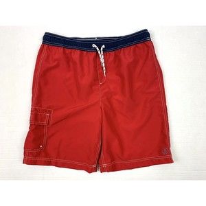 Lands' End Kids Men XL (18-20) Swim Shorts Board Trunks Red Blue Mesh Lined W32